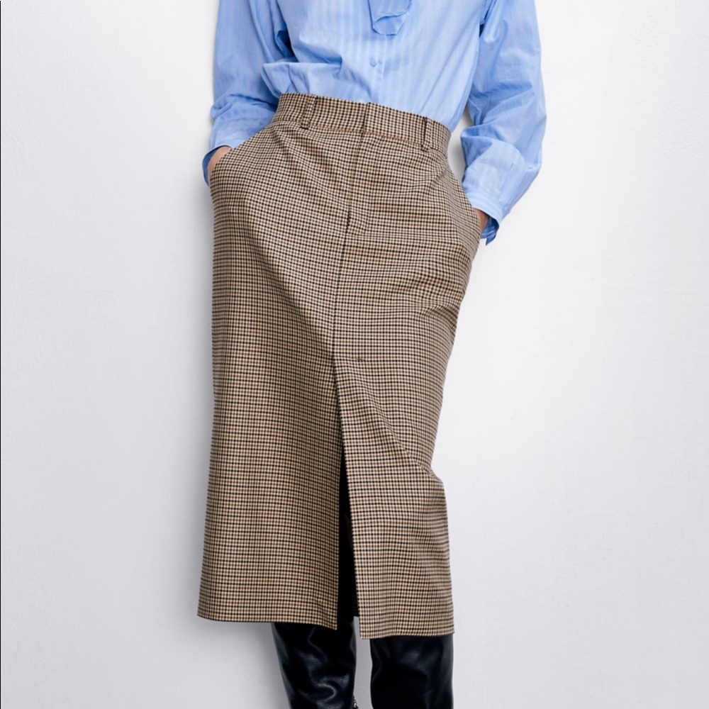 Zara plaid houndstooth midi skirt tan brown high